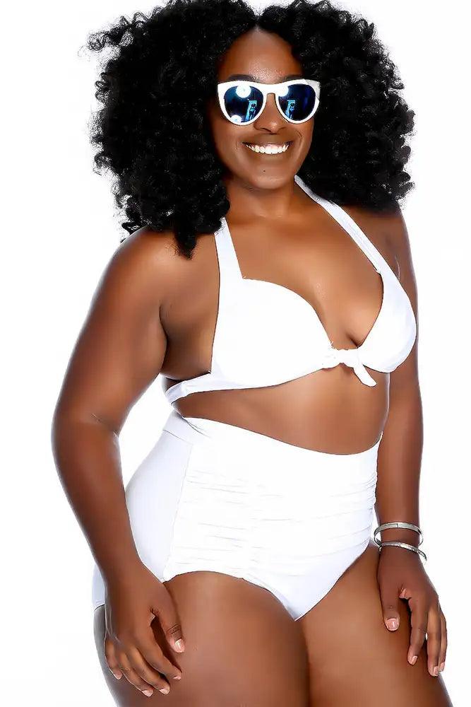 Sexy White Halter Strap Pleated High Waisted Ruched Two Piece Swimsuit Plus - AMIClubwear