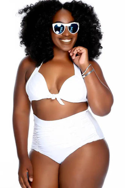 Sexy White Halter Strap Pleated High Waisted Ruched Two Piece Swimsuit Plus - AMIClubwear