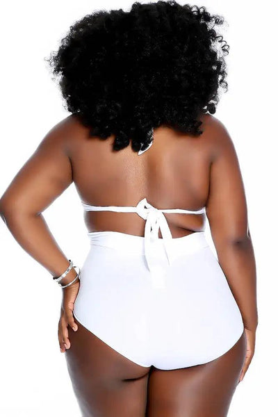 Sexy White Halter Strap Pleated High Waisted Ruched Two Piece Swimsuit Plus - AMIClubwear