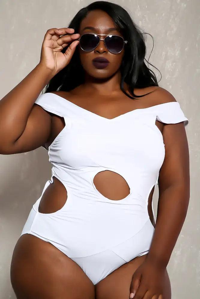 Sexy White Key Hole Off Shoulder Plus Size One Piece Swimsuit - AMIClubwear