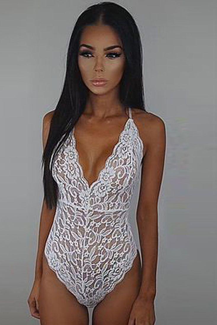 Sexy White Lace Bodysuit Imitates - AMIClubwear