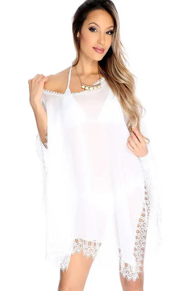 Sexy White Lace Detailing Off The Shoulder Poncho Swim Suit Cover Up - AMIClubwear