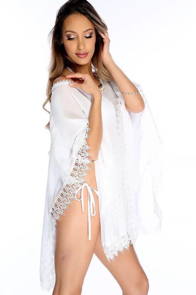 Sexy White Lace Detailing Off The Shoulder Poncho Swim Suit Cover Up - AMIClubwear
