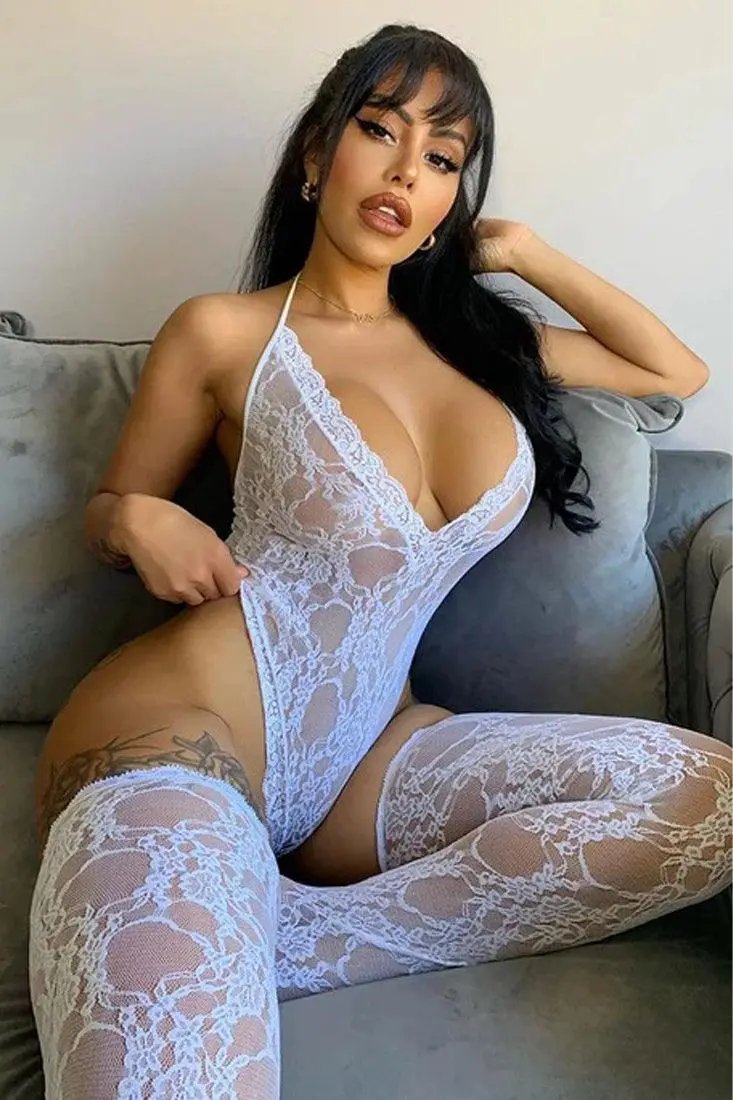Sexy White Lace Lingerie Bodysuit With Leggings