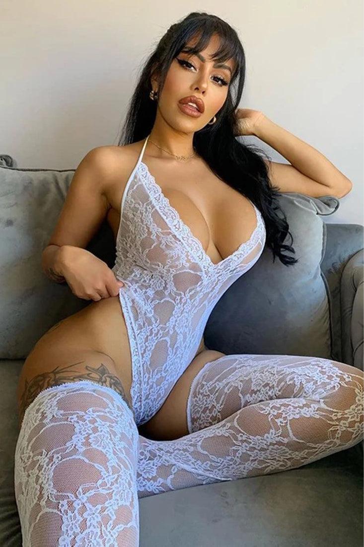 Sexy White Lace Lingerie Bodysuit With Leggings - AMIClubwear