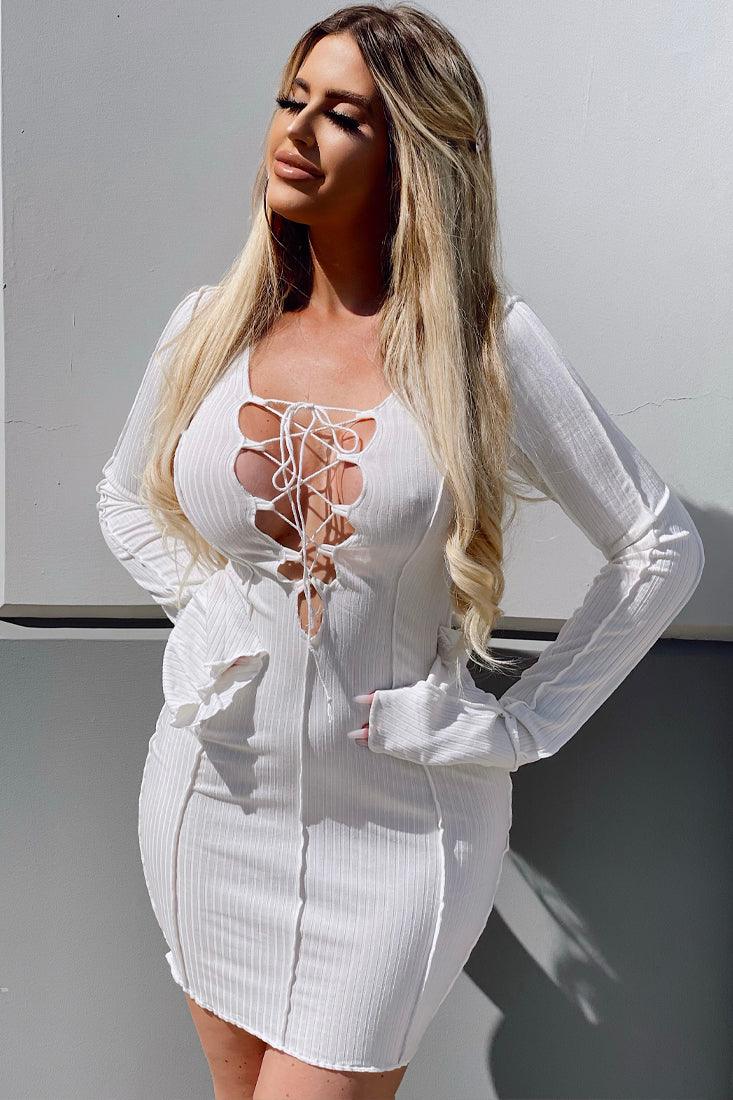 Sexy White Lace Up Flared Sleeves Ribbed Party Dress - AMIClubwear