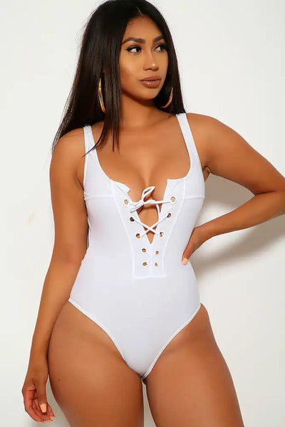 Sexy White Lace Up Grommet Low Cut Back One Piece Swimsuit - AMIClubwear