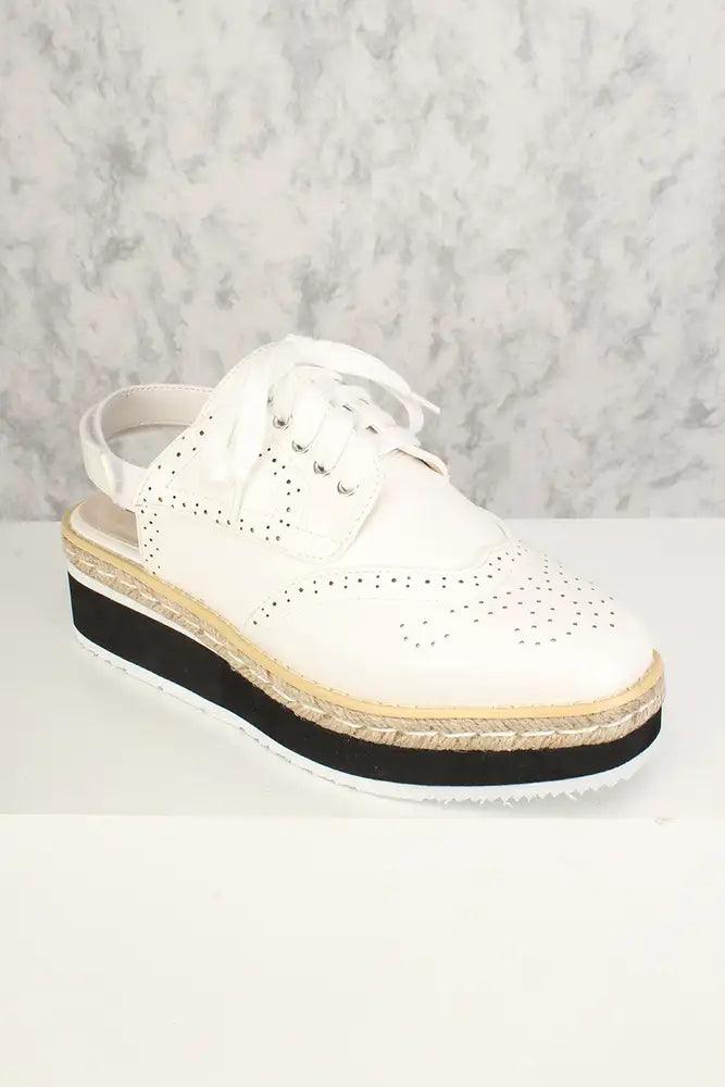 Sexy White Lace Up Straw Platform Sneakers Patent - AMIClubwear