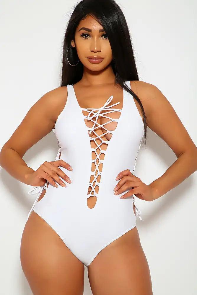 Sexy White Lace Up Woven Cut Out One Piece Swimsuit - AMIClubwear