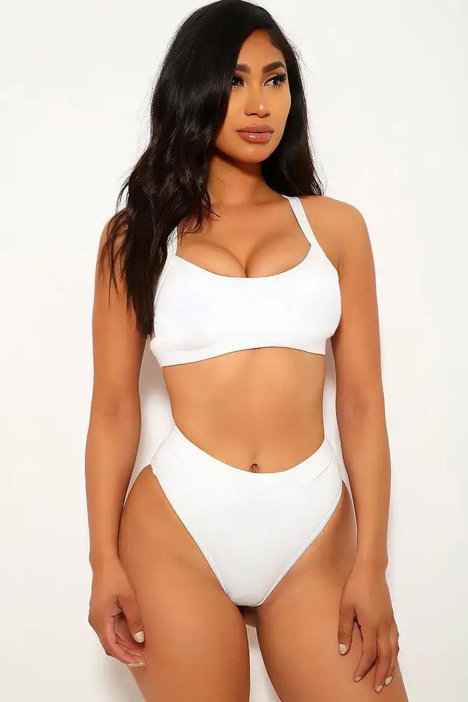 Sexy White Lightly Padded High Waist Cheeky Two Piece Swimsuit - AMIClubwear
