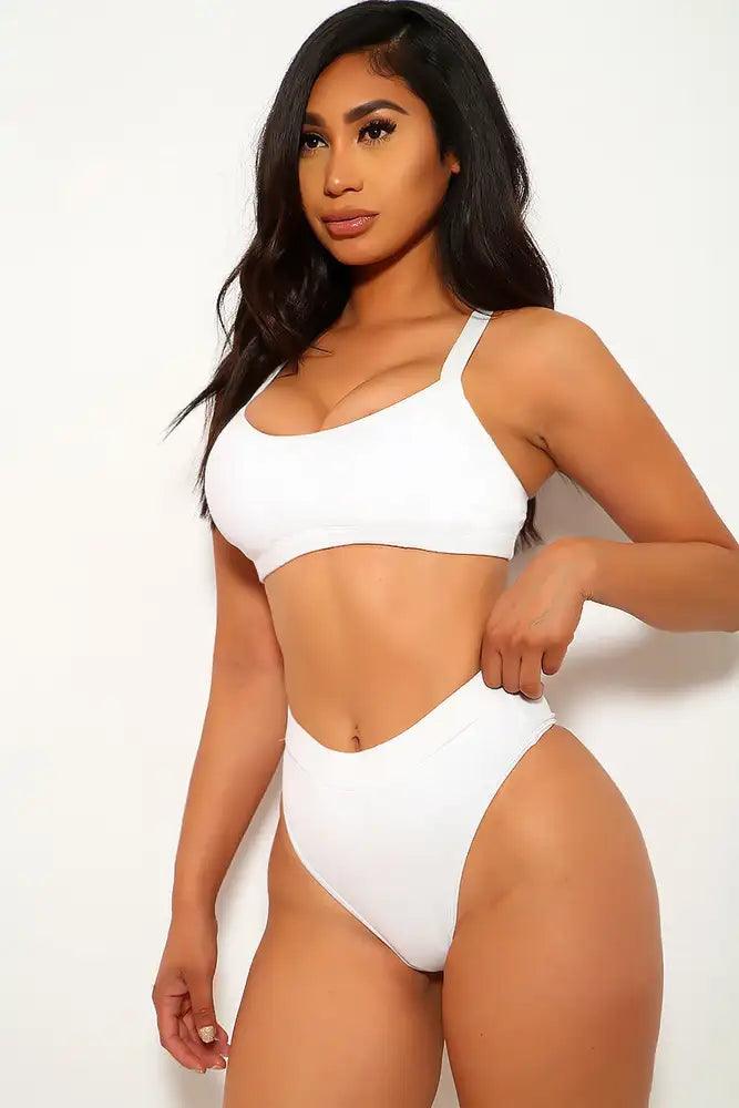 Sexy White Lightly Padded High Waist Cheeky Two Piece Swimsuit - AMIClubwear