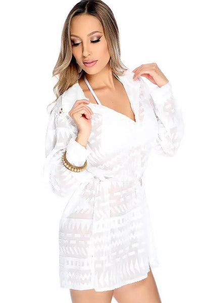 Sexy White Long Sleeve Front Tie Closure Swim Cover Up - AMIClubwear