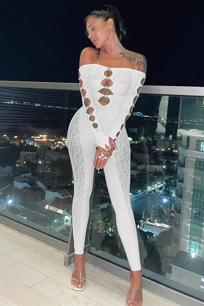sexy white body suit Sexy White Stretchy Mesh Rhinestone Button Bodysuit Jumpsuit – AMIClubwear
