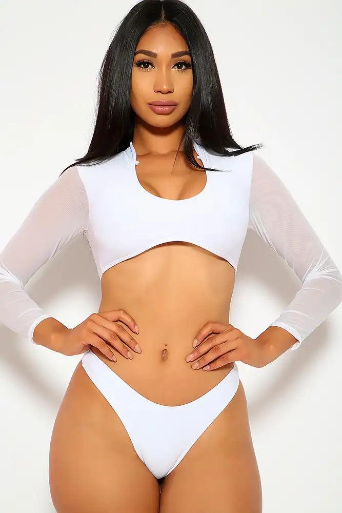 Sexy White Mesh Long Sleeve Two Piece - AMIClubwear