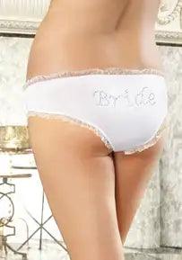 Sexy White Microfiber Cheeky Panty With Rhinestone BRIDE Detail And Organza Ruffle Trim - AMIClubwear