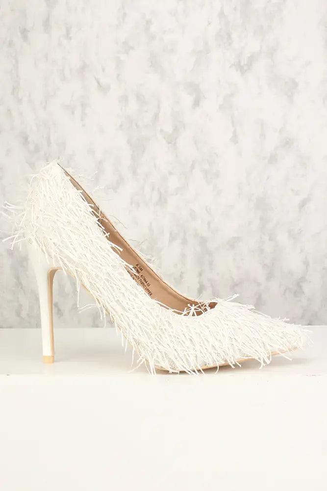 Sexy White Mohair Pointy Toe Single Sole High Heels - AMIClubwear