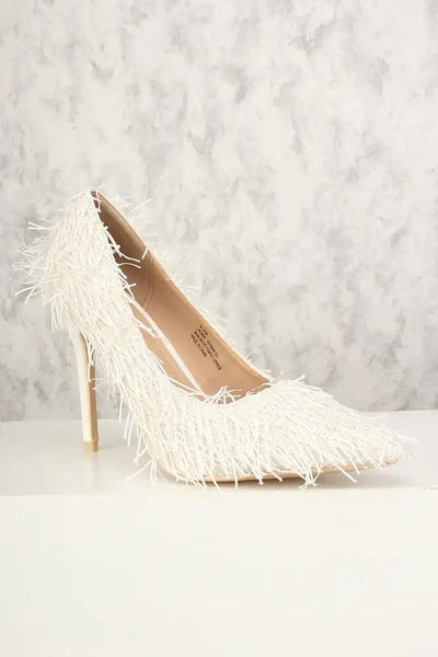 Sexy White Mohair Pointy Toe Single Sole High Heels - AMIClubwear