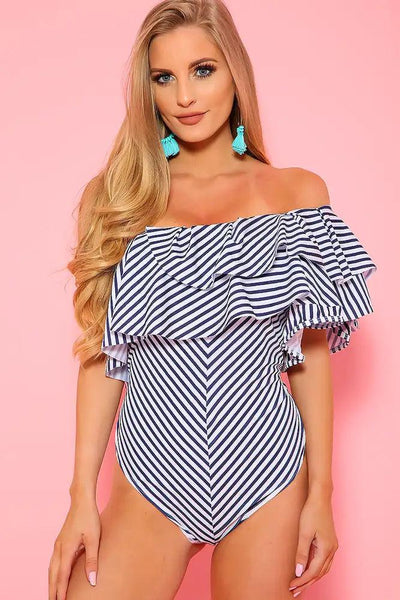 Sexy White Navy One Shoulder One Piece Swimsuit - AMIClubwear