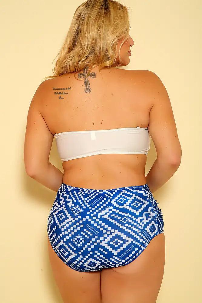 Sexy White Navy Printed Bandeau Strappy Plus Size Two Piece Swimsuit - AMIClubwear