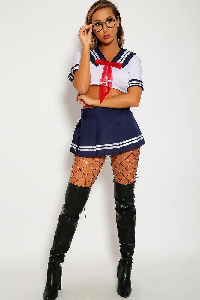 Sexy White Navy Sailor Costume Two Piece Crop Top Mini Skirt Stripe Detail Fitted - AMIClubwear