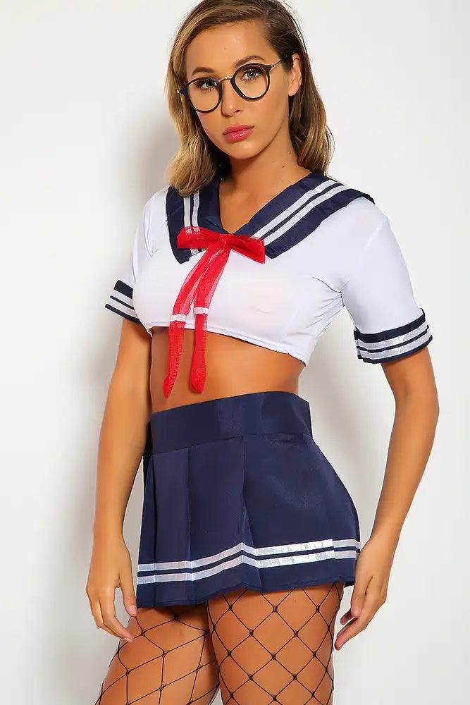 Sexy White Navy Sailor Costume Two Piece Crop Top Mini Skirt Stripe Detail Fitted - AMIClubwear