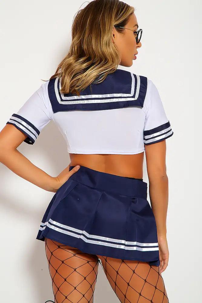 Sexy White Navy Sailor Costume Two Piece Crop Top Mini Skirt Stripe Detail Fitted - AMIClubwear