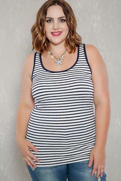 Sexy White Navy Striped Ribbed Sleeveless Casual Plus Size Top - AMIClubwear