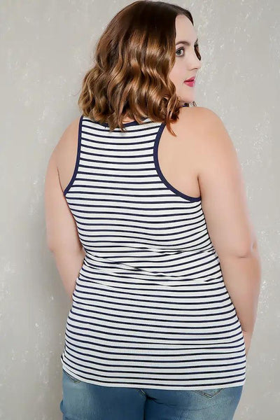 Sexy White Navy Striped Ribbed Sleeveless Casual Plus Size Top - AMIClubwear