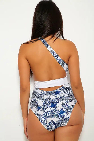 Sexy White Navy Tropical Print One Sleeve One Piece Swimsuit - AMIClubwear