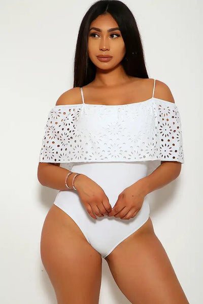 Sexy White Off The Shoulder Perforated One Piece Swimsuit - AMIClubwear