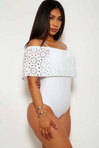 Sexy White Off The Shoulder Perforated One Piece Swimsuit - AMIClubwear