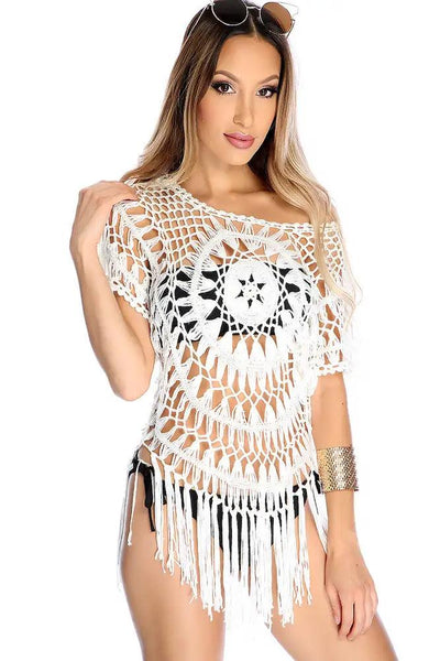 Sexy White Off The Shoulder Short Sleeve Crochet Embroidered Swimsuit Cover Up - AMIClubwear