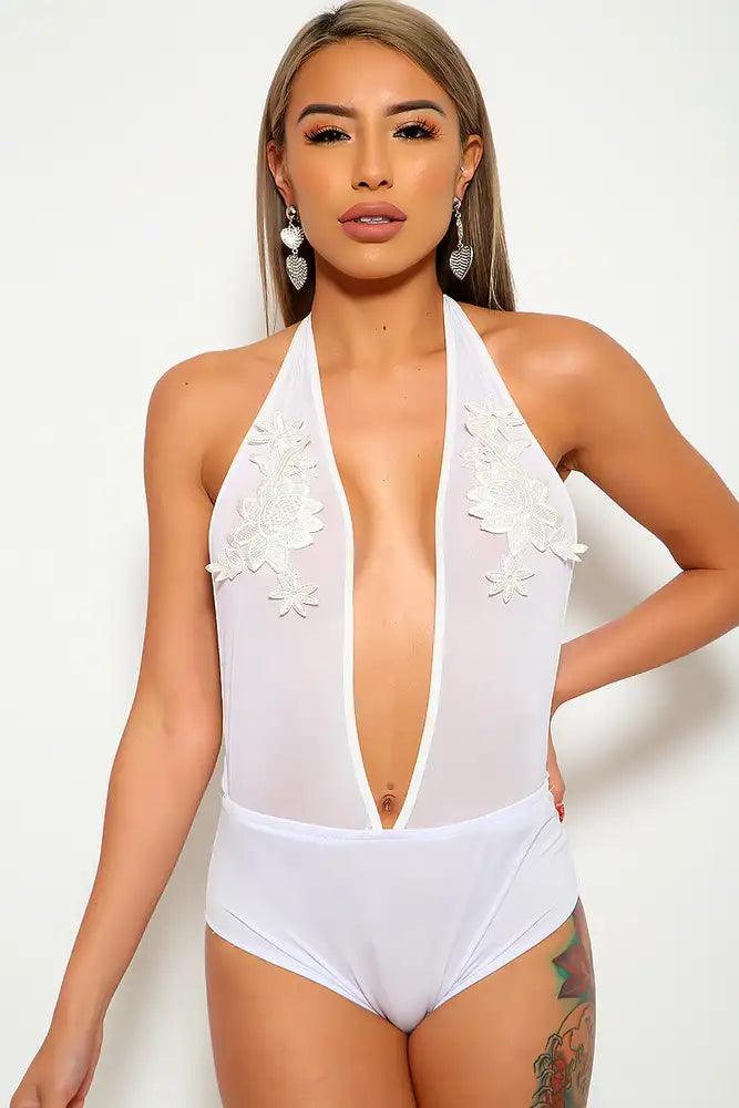 Sexy White One Piece Floral Embroidery Bodysuit Intimates - AMIClubwear