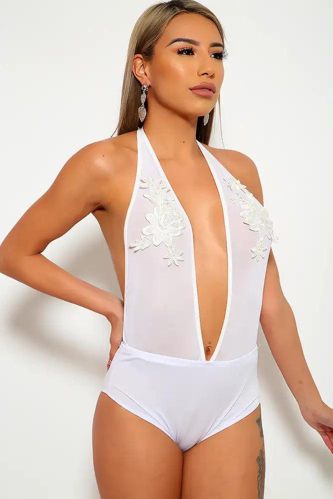 Sexy White One Piece Floral Embroidery Bodysuit Intimates - AMIClubwear