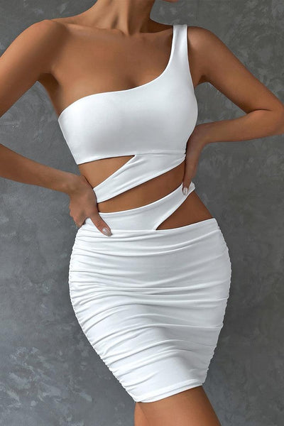 Sexy White One Shoulder Crop Top & Ruched Bodycon Skirt - AMIClubwear