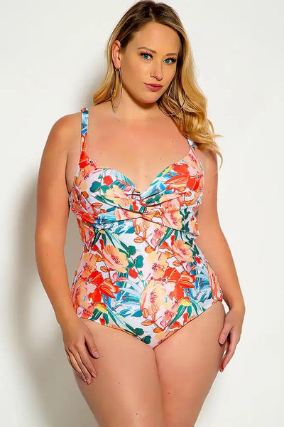 Sexy White Orange Floral Leaf Print Padded One Piece Swimsuit - AMIClubwear