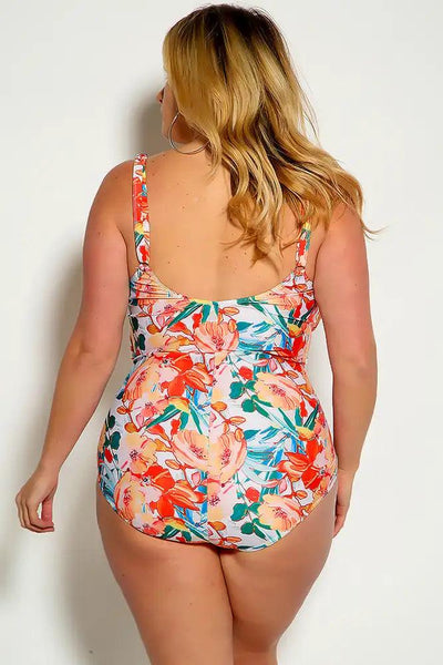 Sexy White Orange Floral Leaf Print Padded One Piece Swimsuit - AMIClubwear