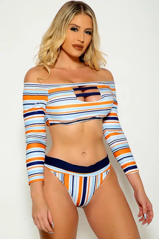 Sexy White Orange Off The Shoulder Two Piece Swimsuit - AMIClubwear