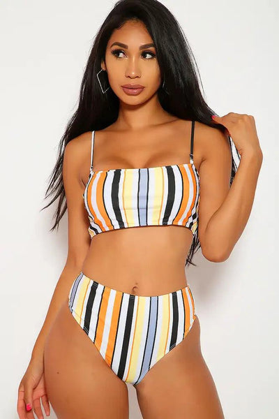 Sexy White Orange Stripe Bandeau High Waisted Cheeky TWo Piece Swimsuit - AMIClubwear