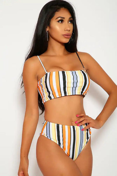 Sexy White Orange Stripe Bandeau High Waisted Cheeky TWo Piece Swimsuit - AMIClubwear