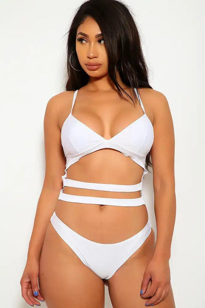 Sexy White Padded Caged Cheeky Two Piece Swimsuit - AMIClubwear