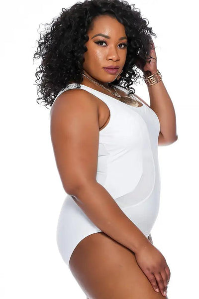 Sexy White Padded Mesh Cut Out Plus Size Swimsuit - AMIClubwear