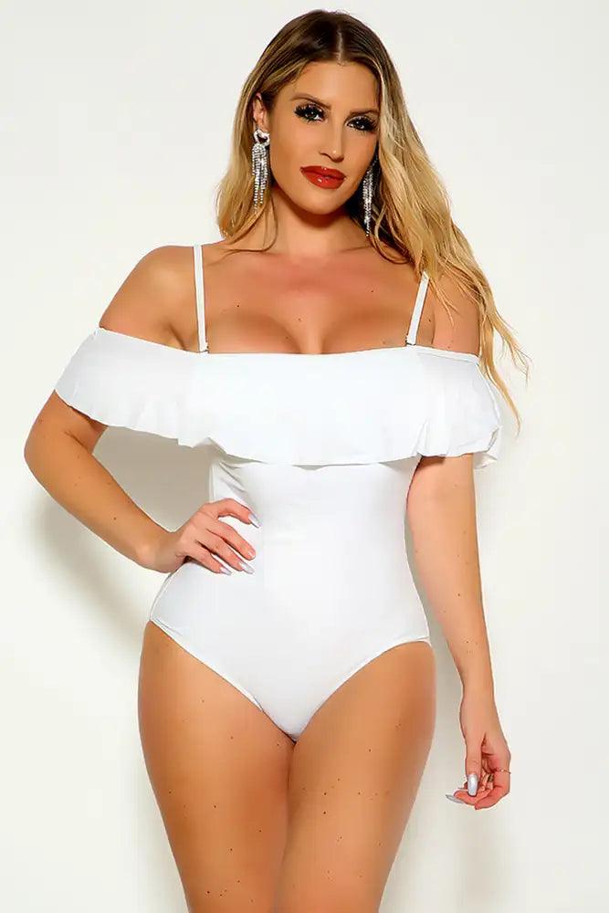 Sexy White Padded Off The Shoulder One Piece Swimsuit - AMIClubwear