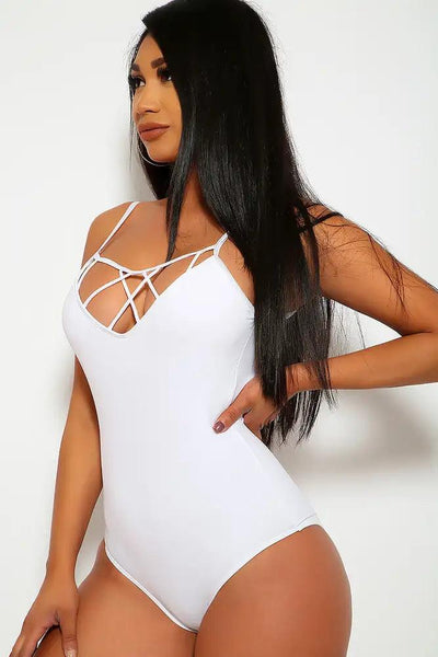 Sexy White Padded Strappy Caged One Piece Swimsuit - AMIClubwear