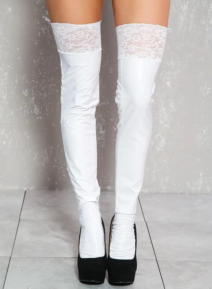 Sexy White Patent Lace Thigh High Costume Socks - AMIClubwear