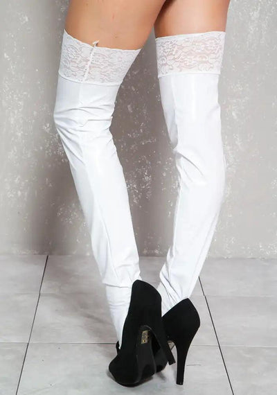 Sexy White Patent Lace Thigh High Costume Socks - AMIClubwear