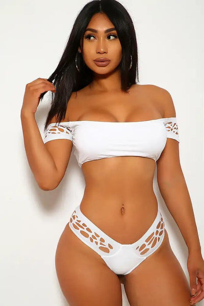 Sexy White Perforated Off The Shoulder Two Piece Swimsuit - AMIClubwear