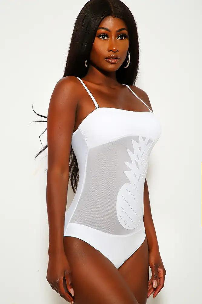 Sexy White Pine Apple Mesh One Piece Swimsuit - AMIClubwear