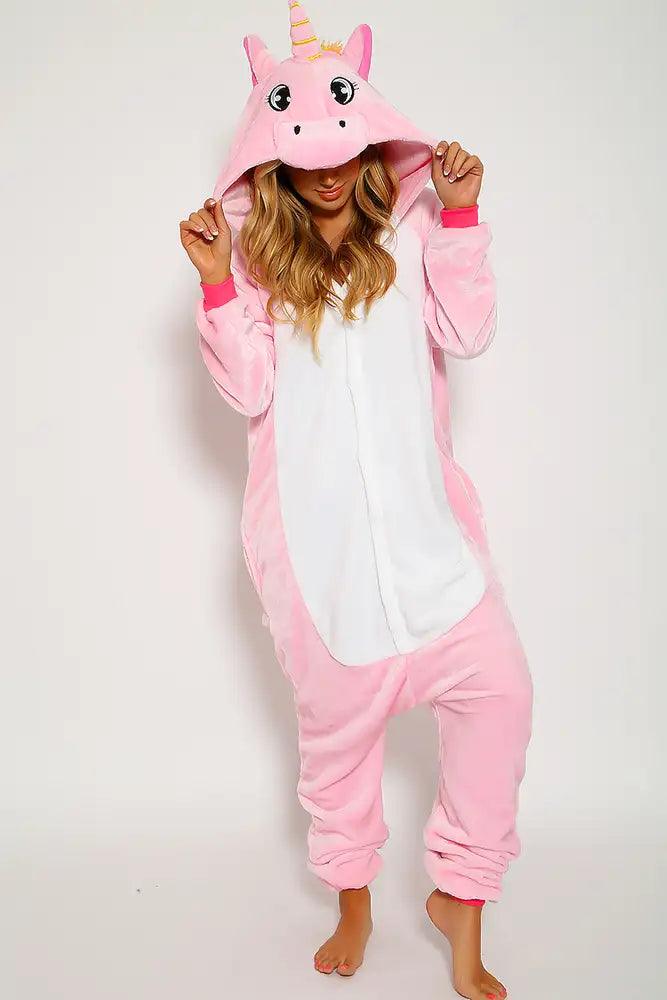 Sexy White Pink Faux Fur Unicorn Pajama Onesie Sleepwear - AMIClubwear