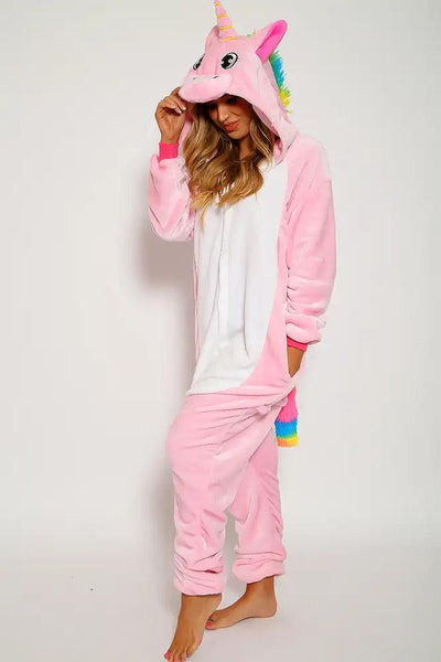 Sexy White Pink Faux Fur Unicorn Pajama Onesie Sleepwear - AMIClubwear